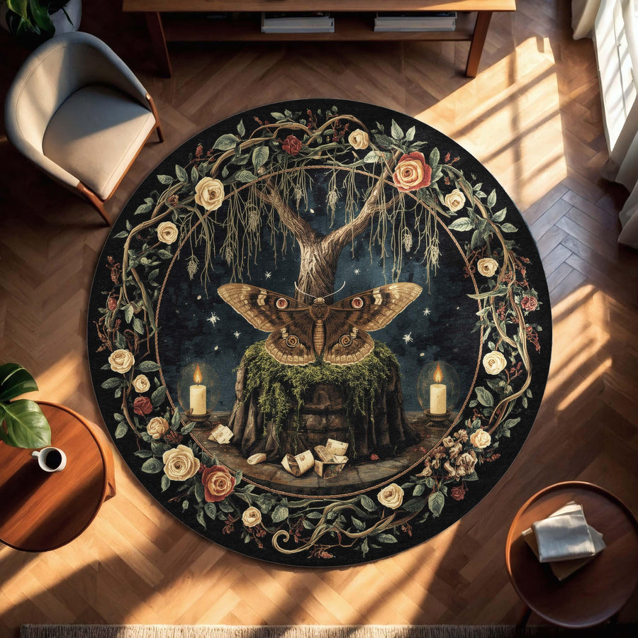 Witchy Moth Round Rug | Gothic Altar Decor Fairycore Carpet with Candle, Tree & Spell Book Mystical Spirit Tapestry for Dark Rooms