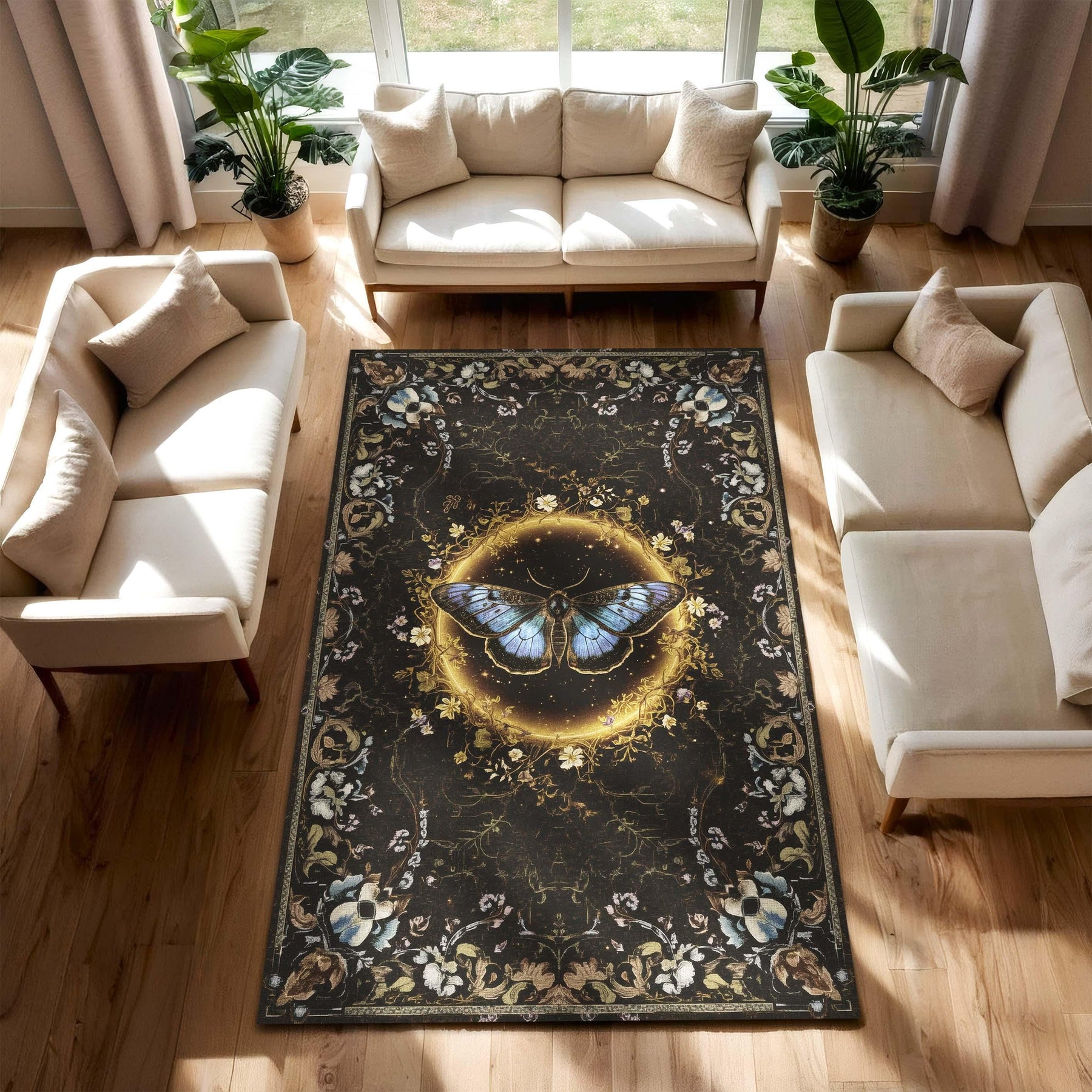 Mystical Moth Rug, Gothic Fairycore Butterfly Room Decor, Enchanted Dark Academia Floral Tapestry, Gothic Mystical Carpet for Living Room