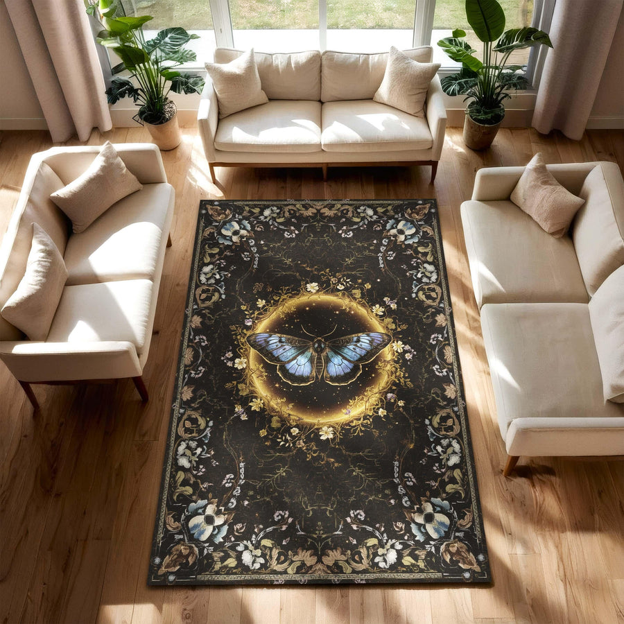 Mystical Moth Rug, Gothic Fairycore Butterfly Room Decor, Enchanted Dark Academia Floral Tapestry, Gothic Mystical Carpet for Living Room