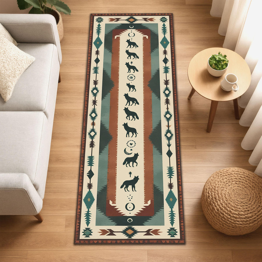 Tribal Wolf Runner Rug, Southwestern Animal Spirit Rug, Boho Desert Hallway Carpet, Native Lodge Decor Rug, Aztec Inspired Wolf Decor