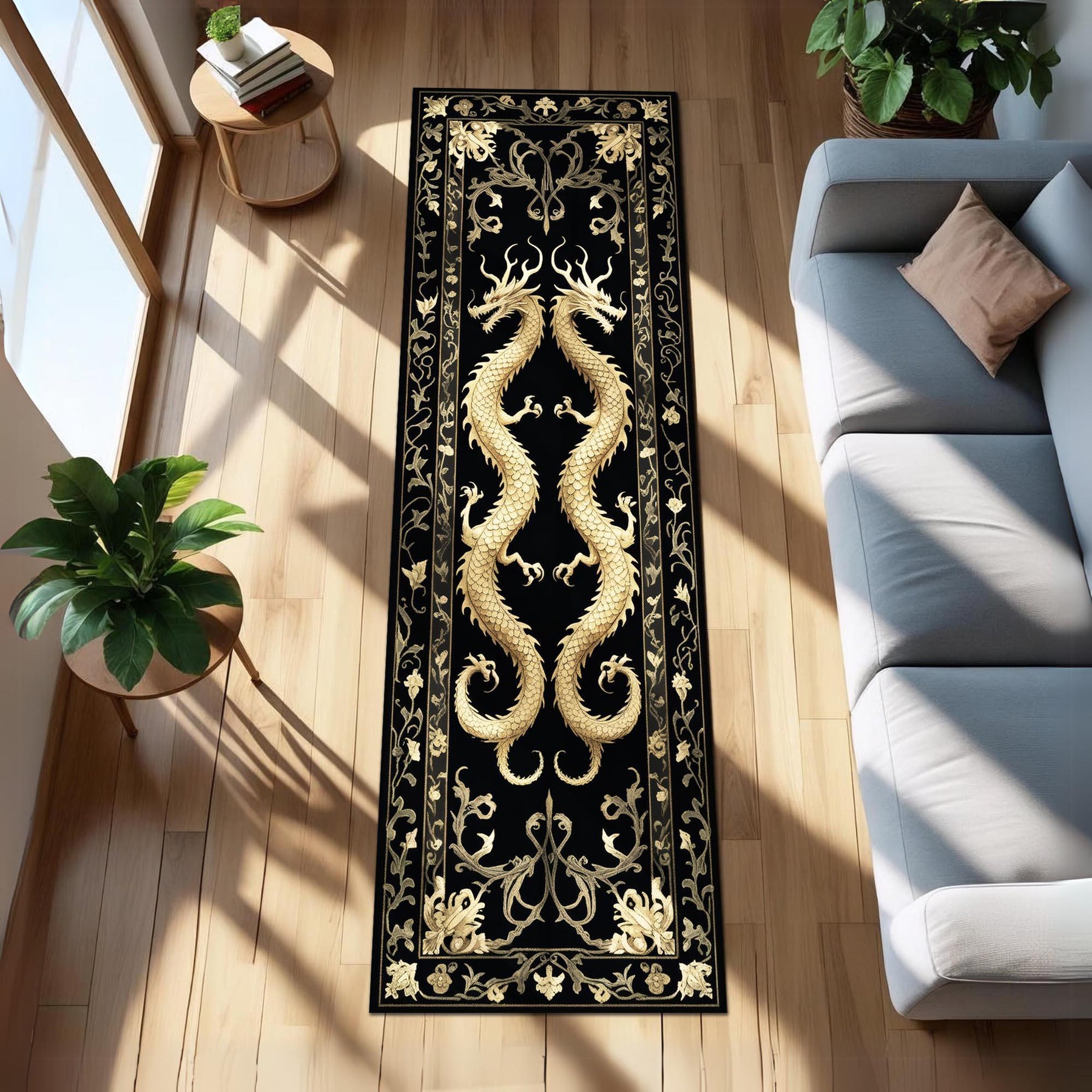Golden Floral Dragon Runner Rug, Gothic Oriental Hallway Rug, Twin Dragon Rug, Feng Shui Dragon Carpet, Black and Gold Entryway Runner Decor