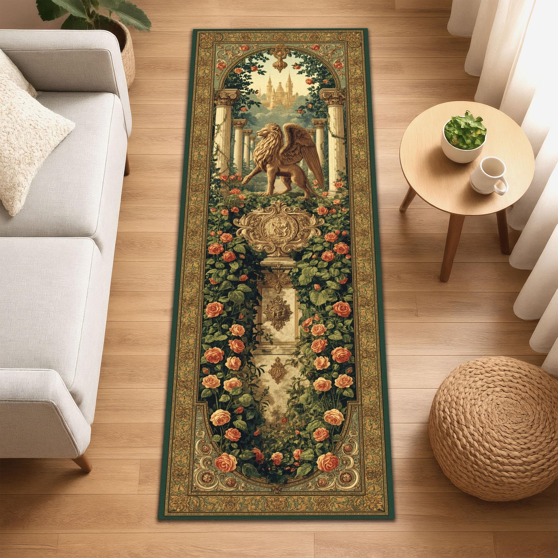 Royal Griffin Garden Runner Rug, Mythical Fantasy Rug, Baroque Tapestry Rug, Castle Decor Hallway Mat, Enchanted Lion Eagle Rug