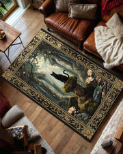 Gothic Witchy Rug with Black Cat & Ancient Ruins Enchanted Tapestry for Dark Academia or Fantasy Decor, The Cat of the Forgotten Temple
