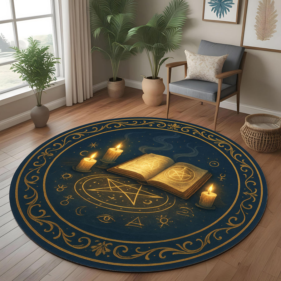 Witchy Spell Circle Rug, Round Witchcraft Altar Rug, Magic Book Pentagram Rug, Occult Gothic Decor Mat, Washable Mystic Witch Rug