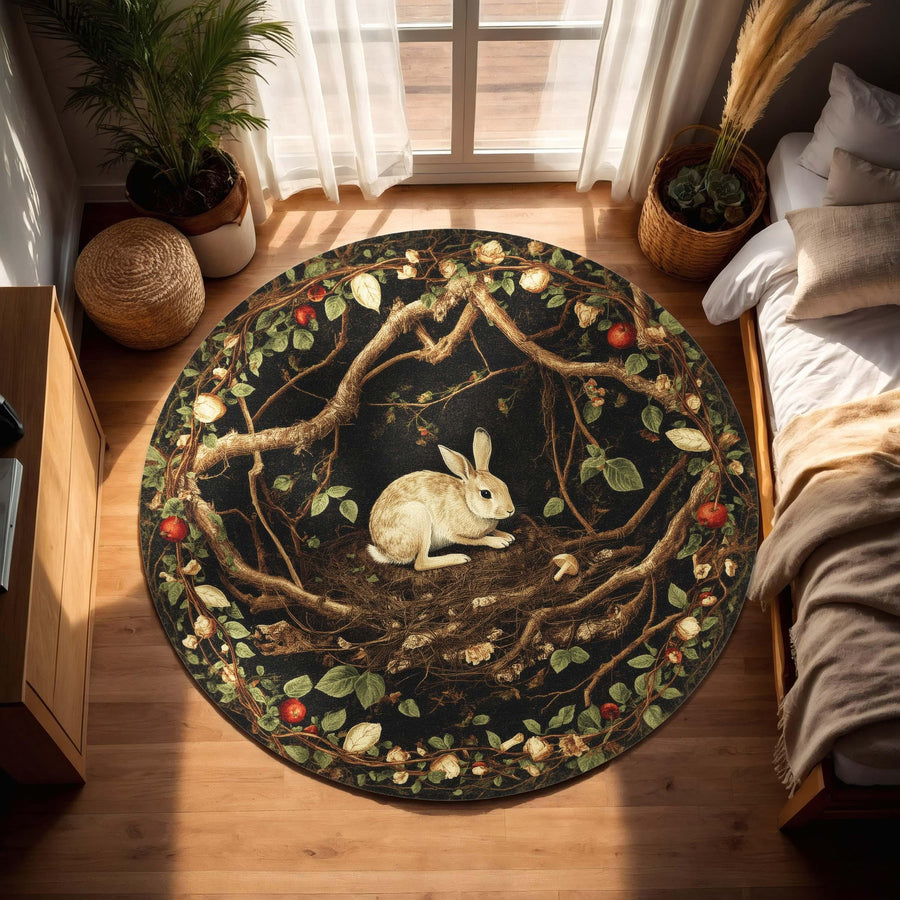 Cottagecore Hare Round Rug, Fairytale Forest Rabbit Carpet with Dark Floral Frame
