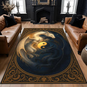 Yin Yang Dragon Rug, Fantasy Gothic Rug with White & Black Dragons, Symbolic Washable Rug, Mystic Creature Carpet, Balance Energy Area Rug