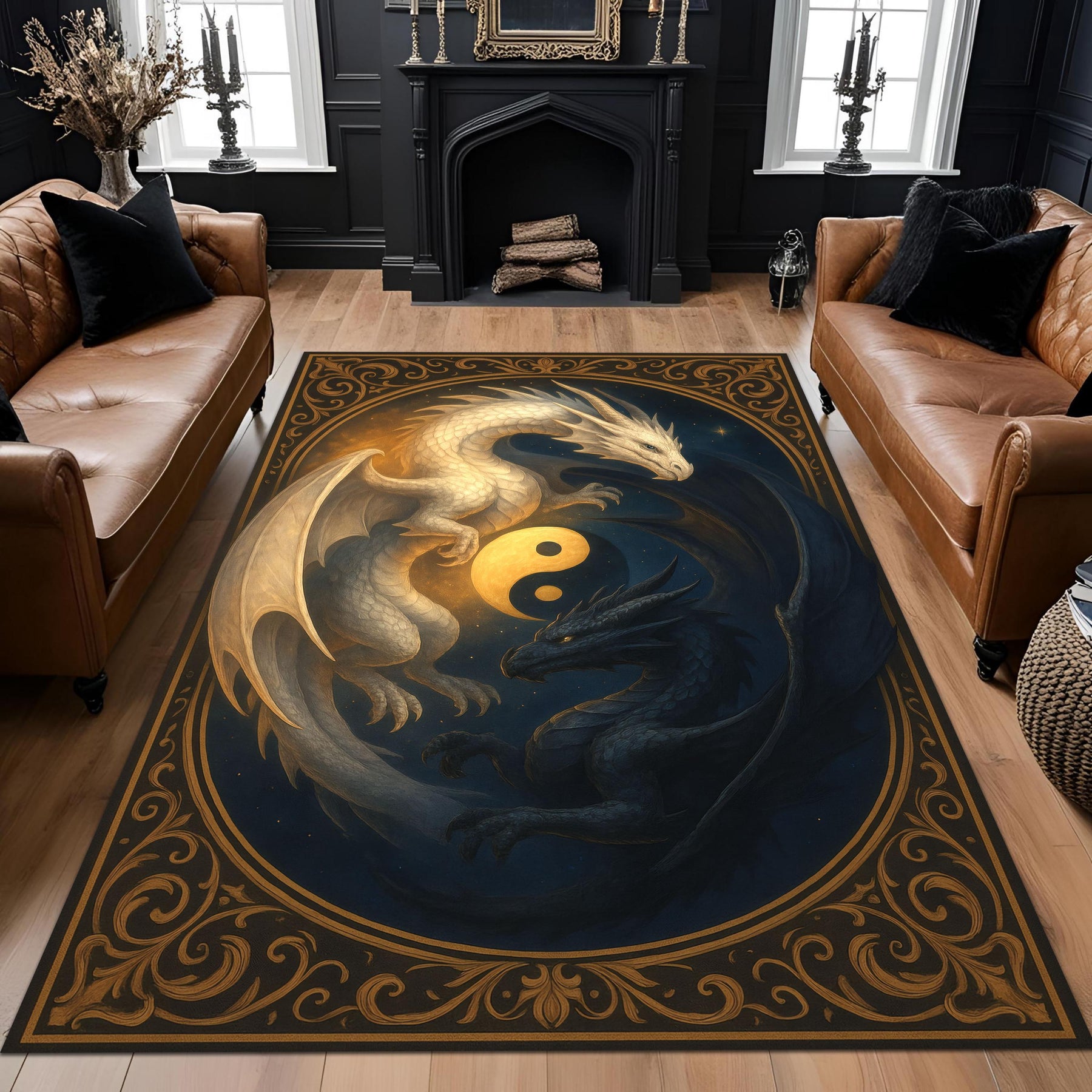 Yin Yang Dragon Rug, Fantasy Gothic Rug with White & Black Dragons, Symbolic Washable Rug, Mystic Creature Carpet, Balance Energy Area Rug