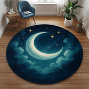 Celestial Moon Rug: Round Night Sky Carpet With Crescent Moon And Stars, Soothing Cosmic Decor For Bedroom Or Meditation Corners
