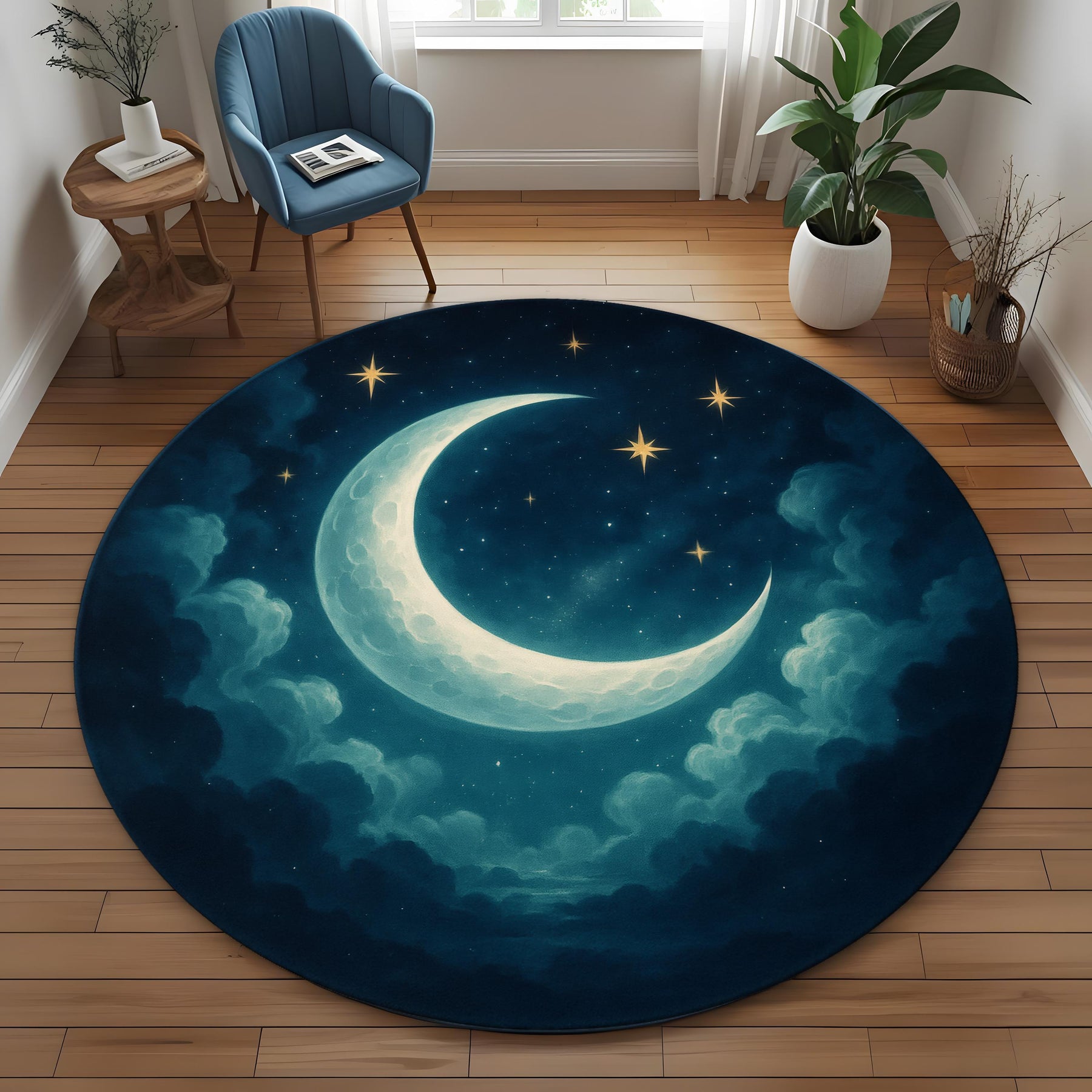Celestial Moon Rug: Round Night Sky Carpet With Crescent Moon And Stars, Soothing Cosmic Decor For Bedroom Or Meditation Corners