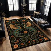 Dragon Garden Rug: Gothic Fantasy Carpet with Twin Green Dragons, Botanical Motifs and Moon Symbol for Dark Magical Living Rooms
