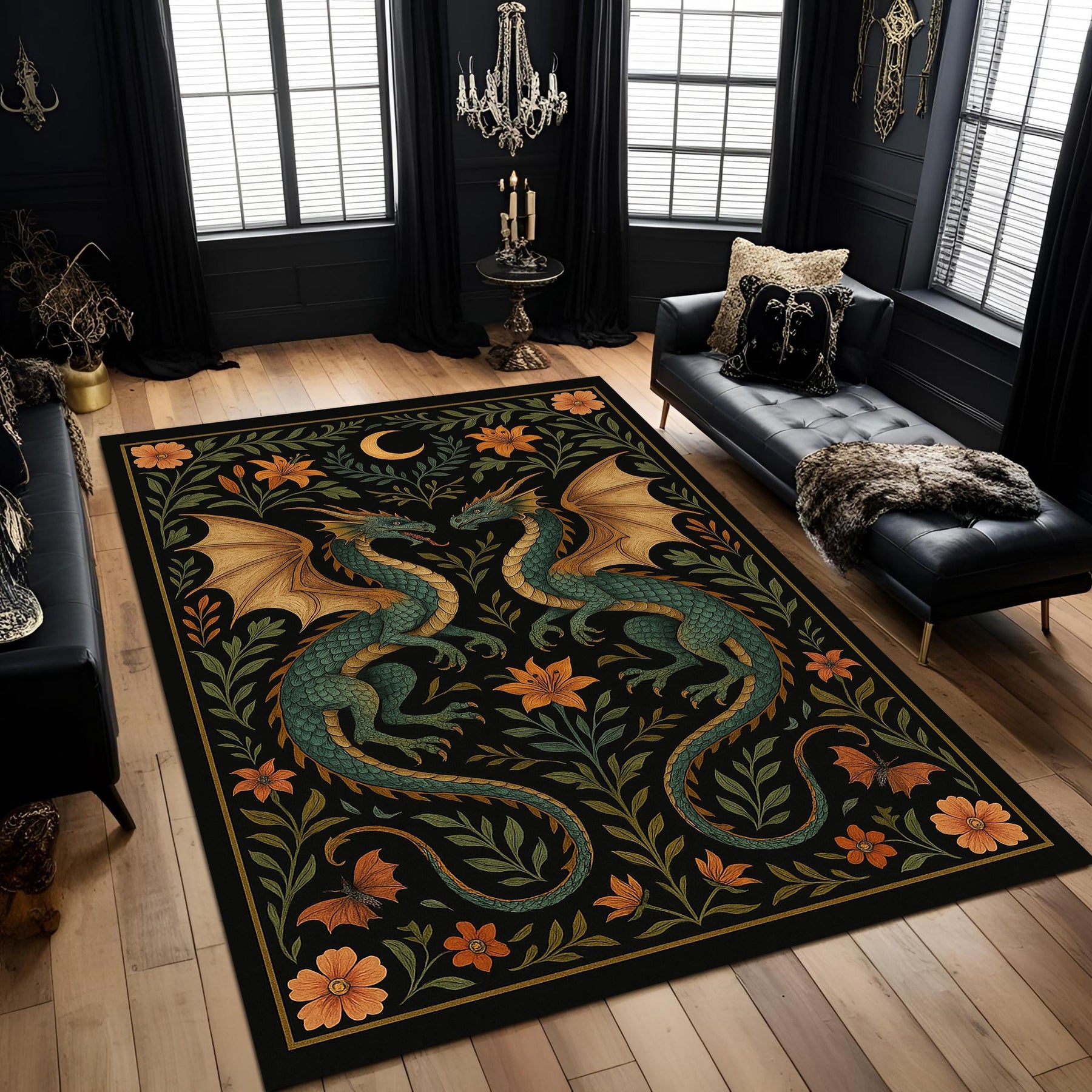Dragon Garden Rug: Gothic Fantasy Carpet with Twin Green Dragons, Botanical Motifs and Moon Symbol for Dark Magical Living Rooms