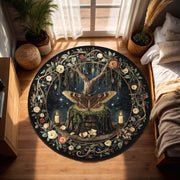Witchy Moth Round Rug | Gothic Altar Decor Fairycore Carpet with Candle, Tree & Spell Book Mystical Spirit Tapestry for Dark Rooms