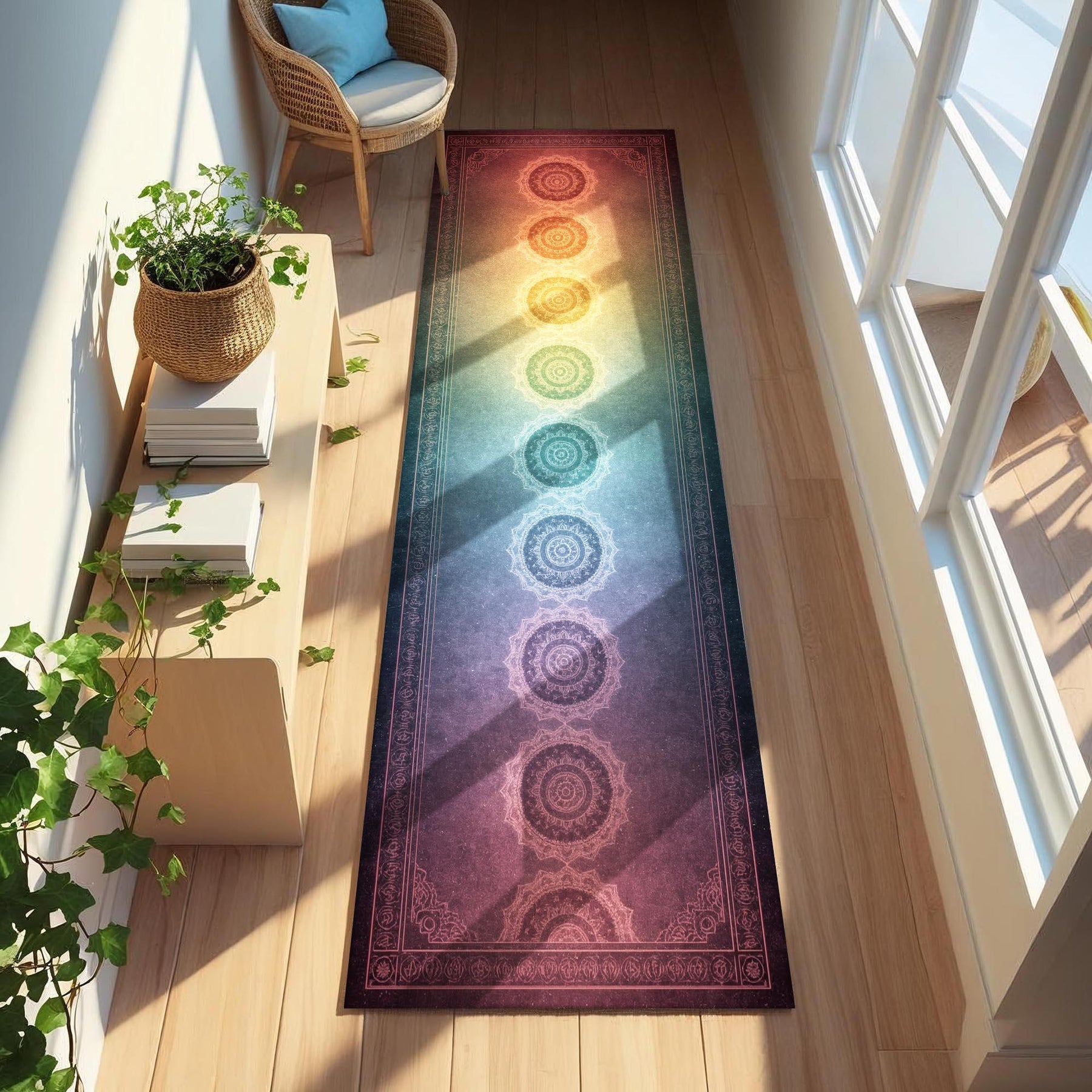 Spiritual Chakra Mandala Runner Rug, Rainbow Spiritual Hallway Rug, Meditation Energy Rug, Boho Yoga Decor Carpet, Spiritual Entryway Runner