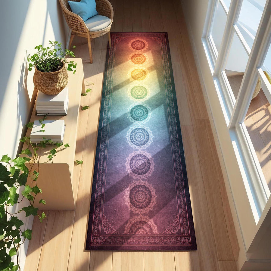 Spiritual Chakra Mandala Runner Rug, Rainbow Spiritual Hallway Rug, Meditation Energy Rug, Boho Yoga Decor Carpet, Spiritual Entryway Runner