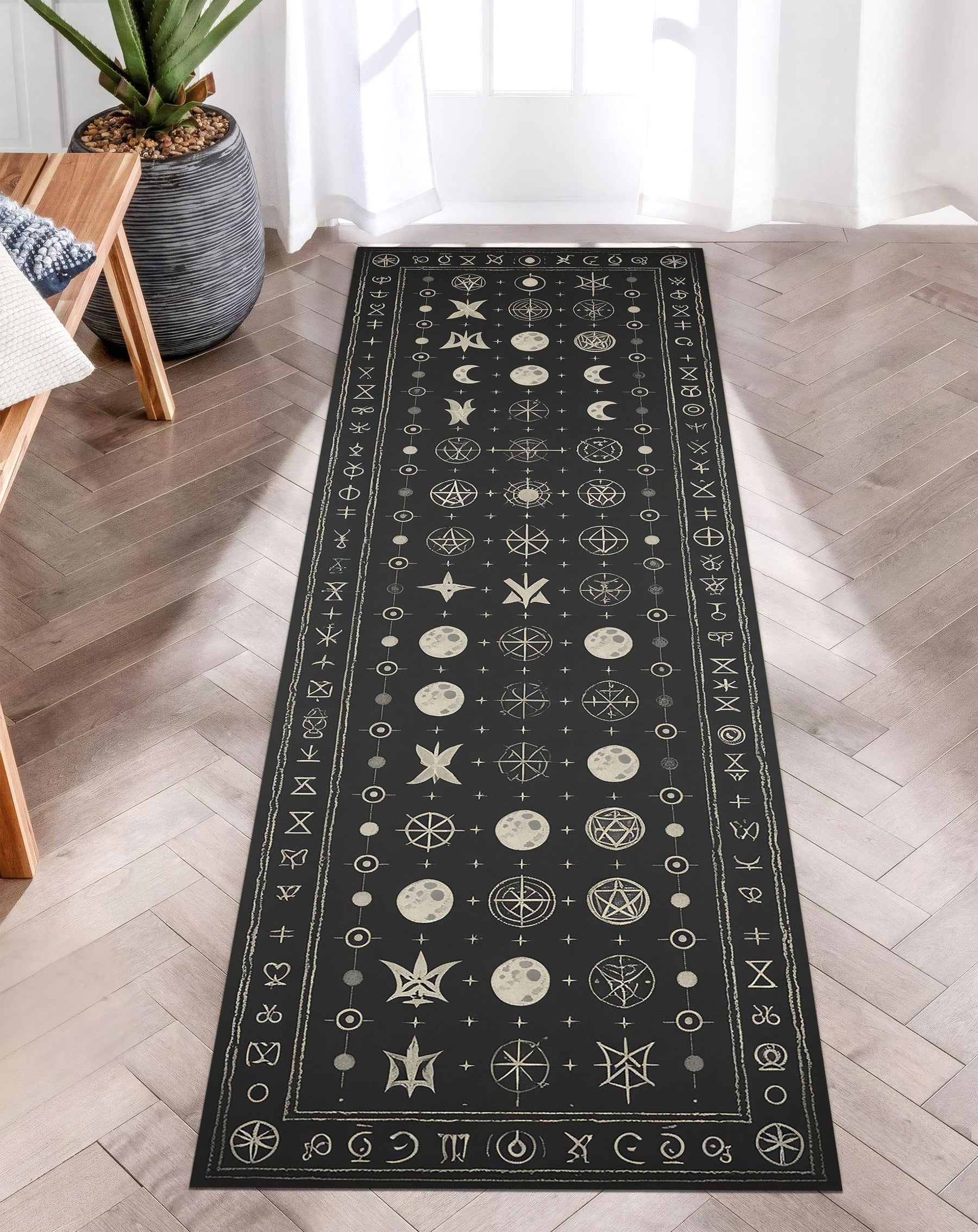 Celestial Witchy Runner Rug, Moon Phase Alchemy Rug, Gothic Zodiac Hallway Carpet, Astrological Magic Decor, Dark Mystical Spell Rug