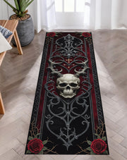 Gothic Skull Runner Rug, Baroque Ironwork and Red Roses Decor, Dark Academia Hallway Carpet