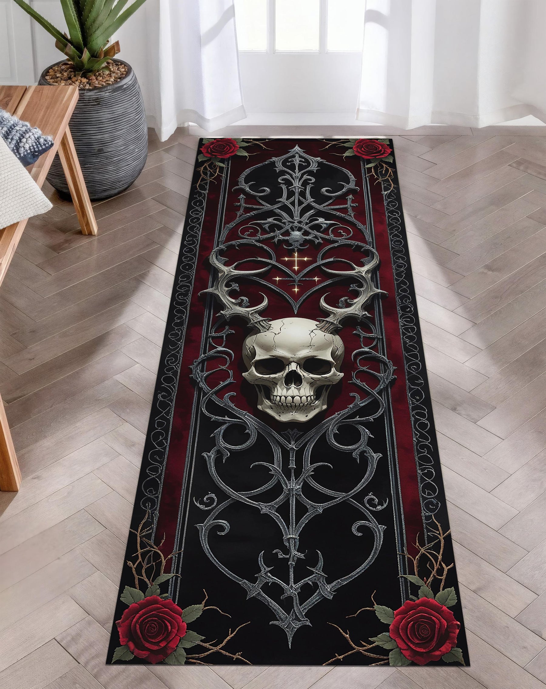Gothic Skull Runner Rug, Baroque Ironwork and Red Roses Decor, Dark Academia Hallway Carpet