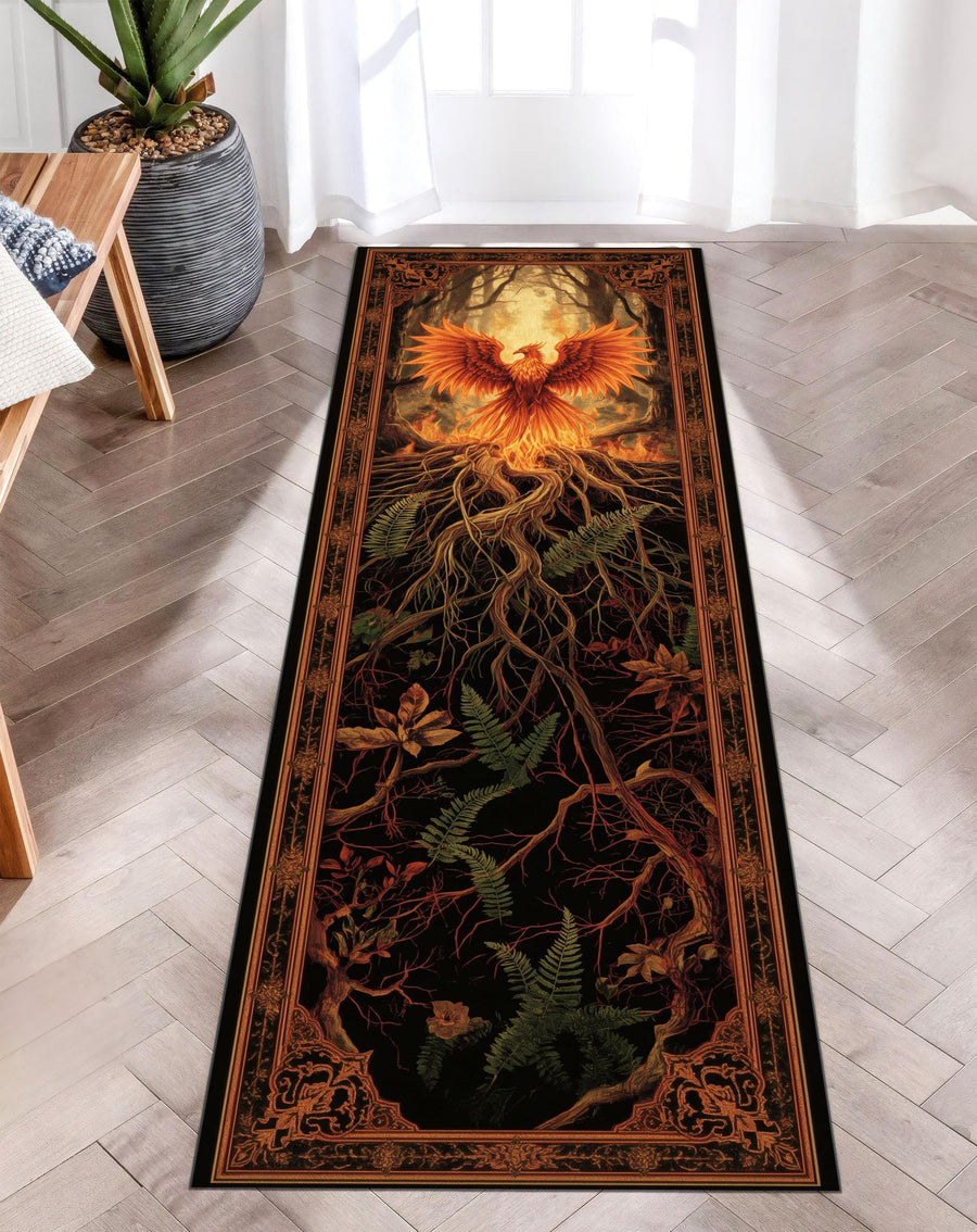 Phoenix Roots Runner Rug, Fire Spirit Tapestry Rug, Rebirth Forest Rug, Mythical Creature Rug, Fantasy Hallway Decor, Washable Gothic Rug