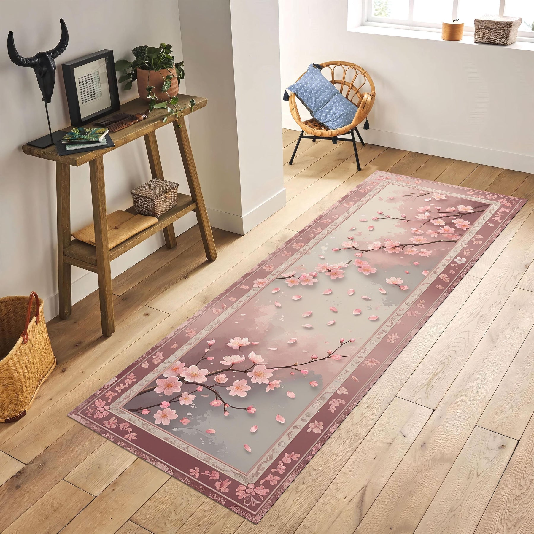 Cherry Blossom Runner Rug, Japanese Sakura Floral Rug, Spring Hallway Rug, Pastel Pink Zen Rug, Japandi Style Soft Petal Carpet