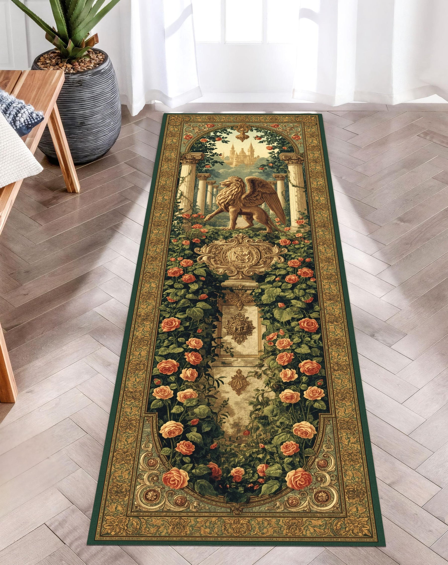 Royal Griffin Garden Runner Rug, Mythical Fantasy Rug, Baroque Tapestry Rug, Castle Decor Hallway Mat, Enchanted Lion Eagle Rug