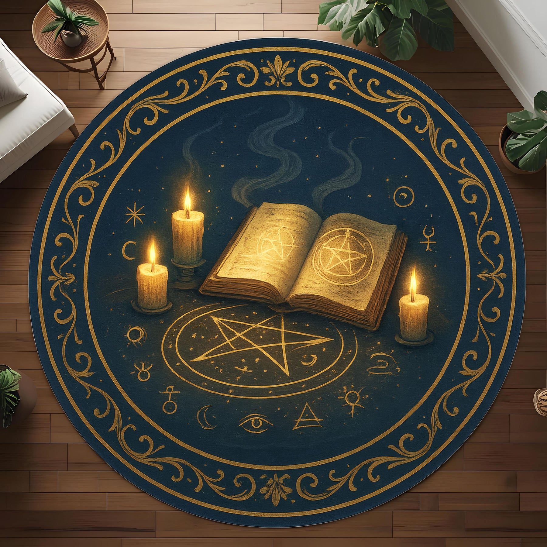 Witchy Spell Circle Rug, Round Witchcraft Altar Rug, Magic Book Pentagram Rug, Occult Gothic Decor Mat, Washable Mystic Witch Rug
