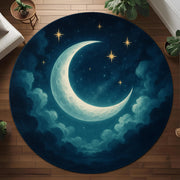 Celestial Moon Rug: Round Night Sky Carpet With Crescent Moon And Stars, Soothing Cosmic Decor For Bedroom Or Meditation Corners