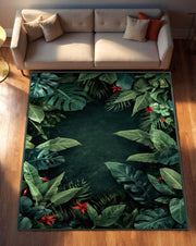 Dark Jungle Botanical Rug | Tropical Leaf Carpet with Red Flowers | Exotic Deep Green Area Rug for Modern Living Room or Bedroom