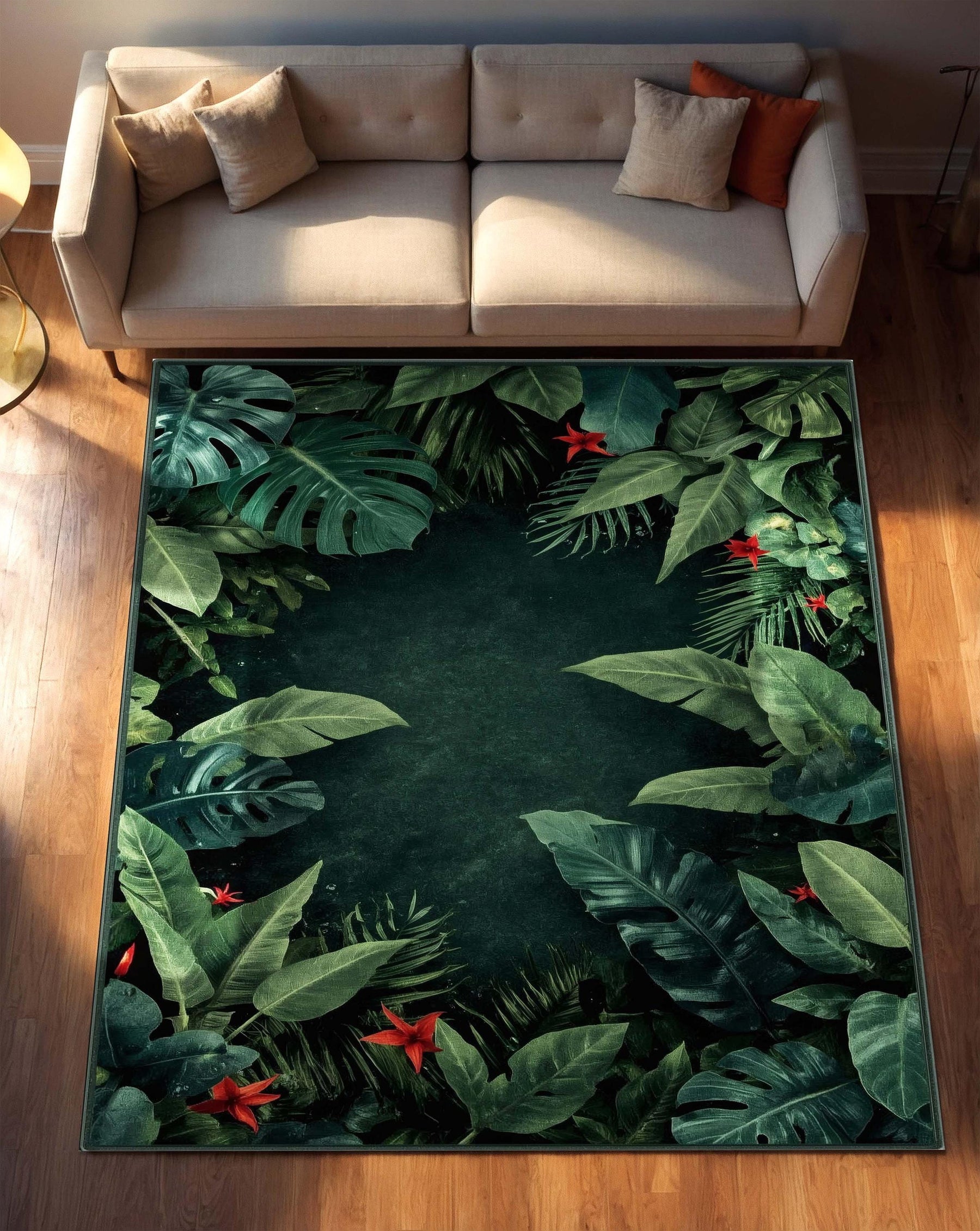 Dark Jungle Botanical Rug | Tropical Leaf Carpet with Red Flowers | Exotic Deep Green Area Rug for Modern Living Room or Bedroom