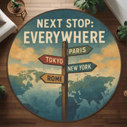 Round Travel Quote Rug, Signpost and World Map Carpet for Wanderlust and Adventure Lovers