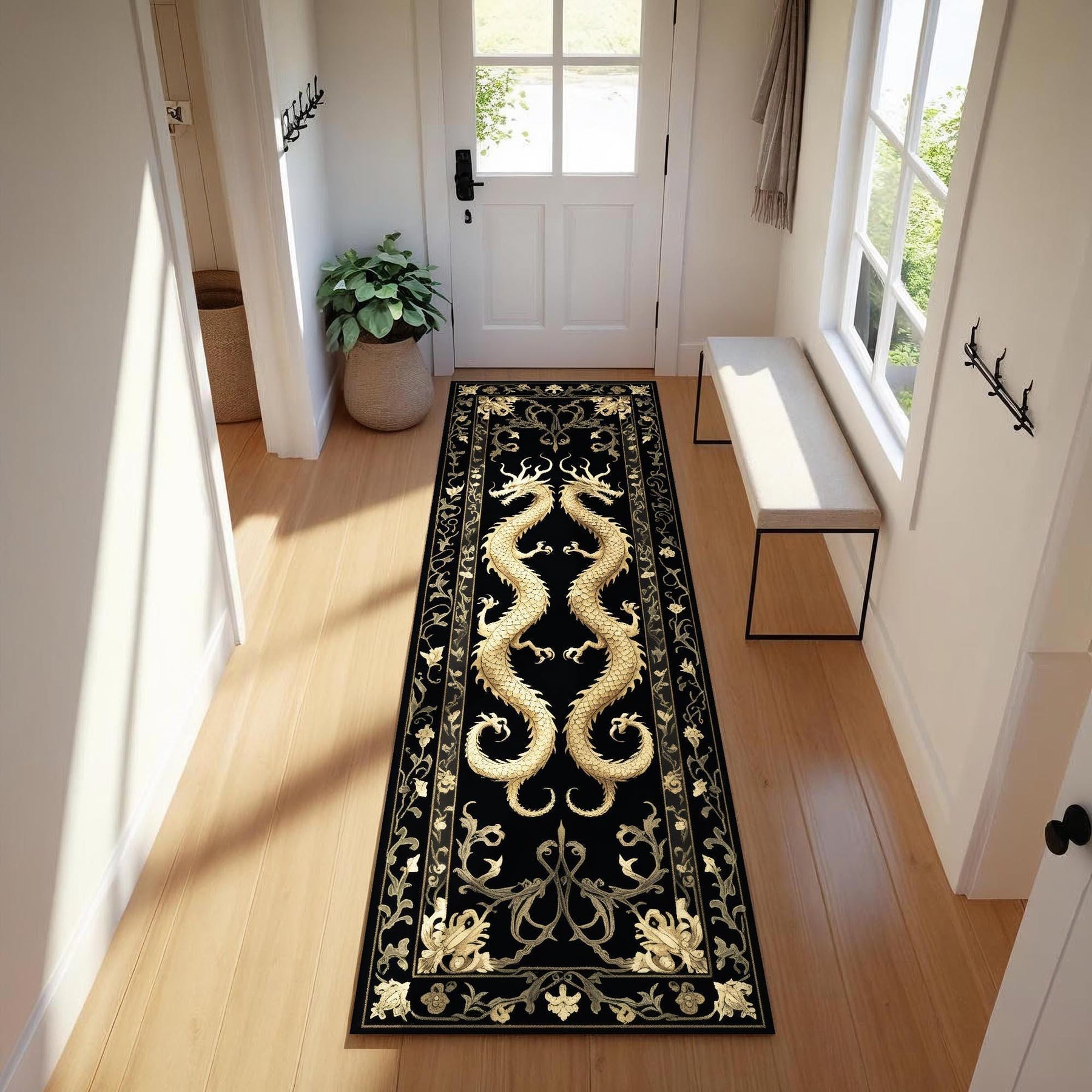Golden Floral Dragon Runner Rug, Gothic Oriental Hallway Rug, Twin Dragon Rug, Feng Shui Dragon Carpet, Black and Gold Entryway Runner Decor