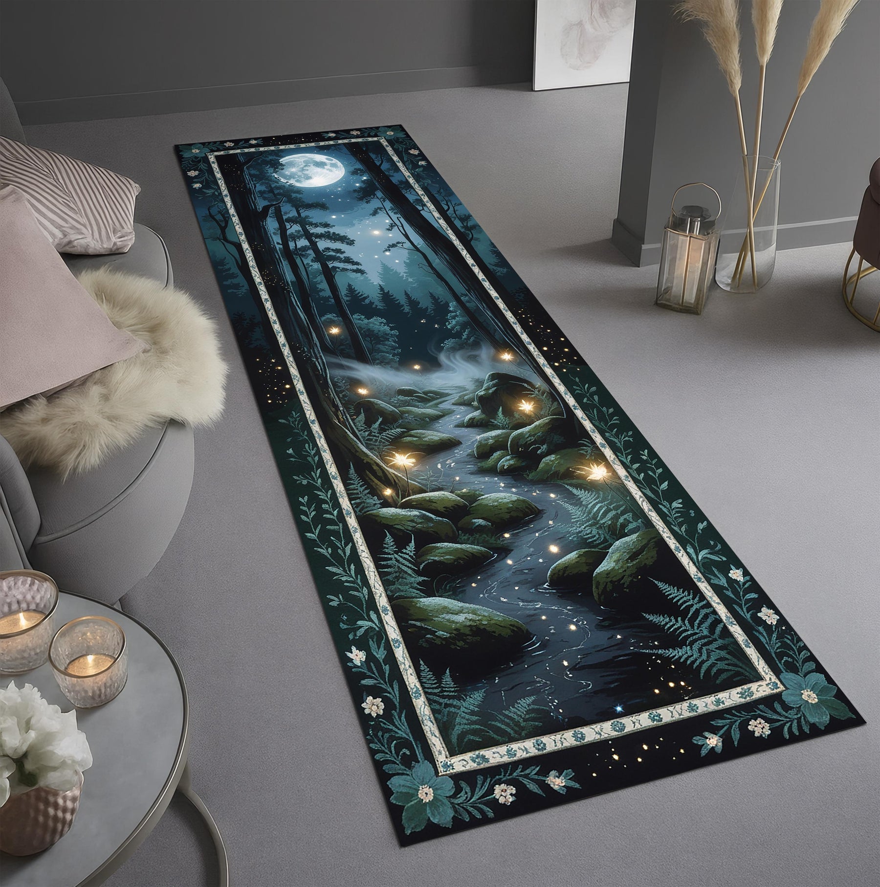 Enchanted Forest Runner Rug, Moonlight Fairy Path Rug, Mystical Woodland Hallway Rug, Fantasy Decor, Whimsical Night Scene Carpet
