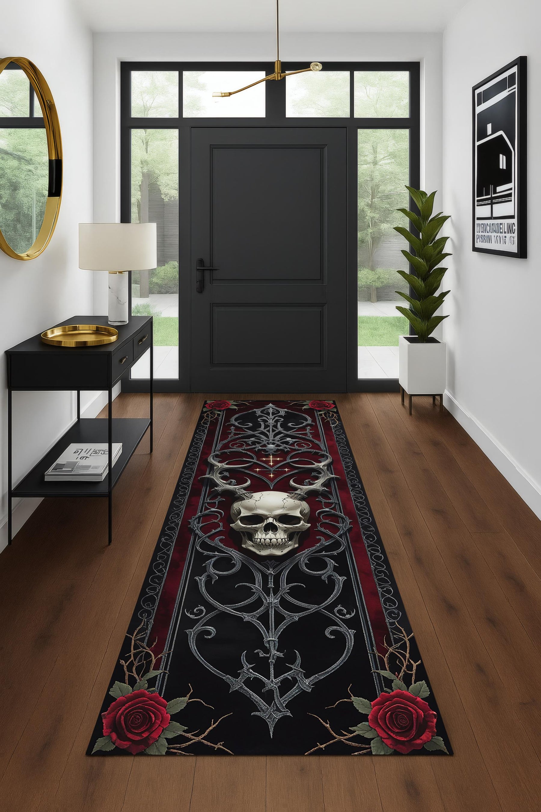 Gothic Skull Runner Rug, Baroque Ironwork and Red Roses Decor, Dark Academia Hallway Carpet