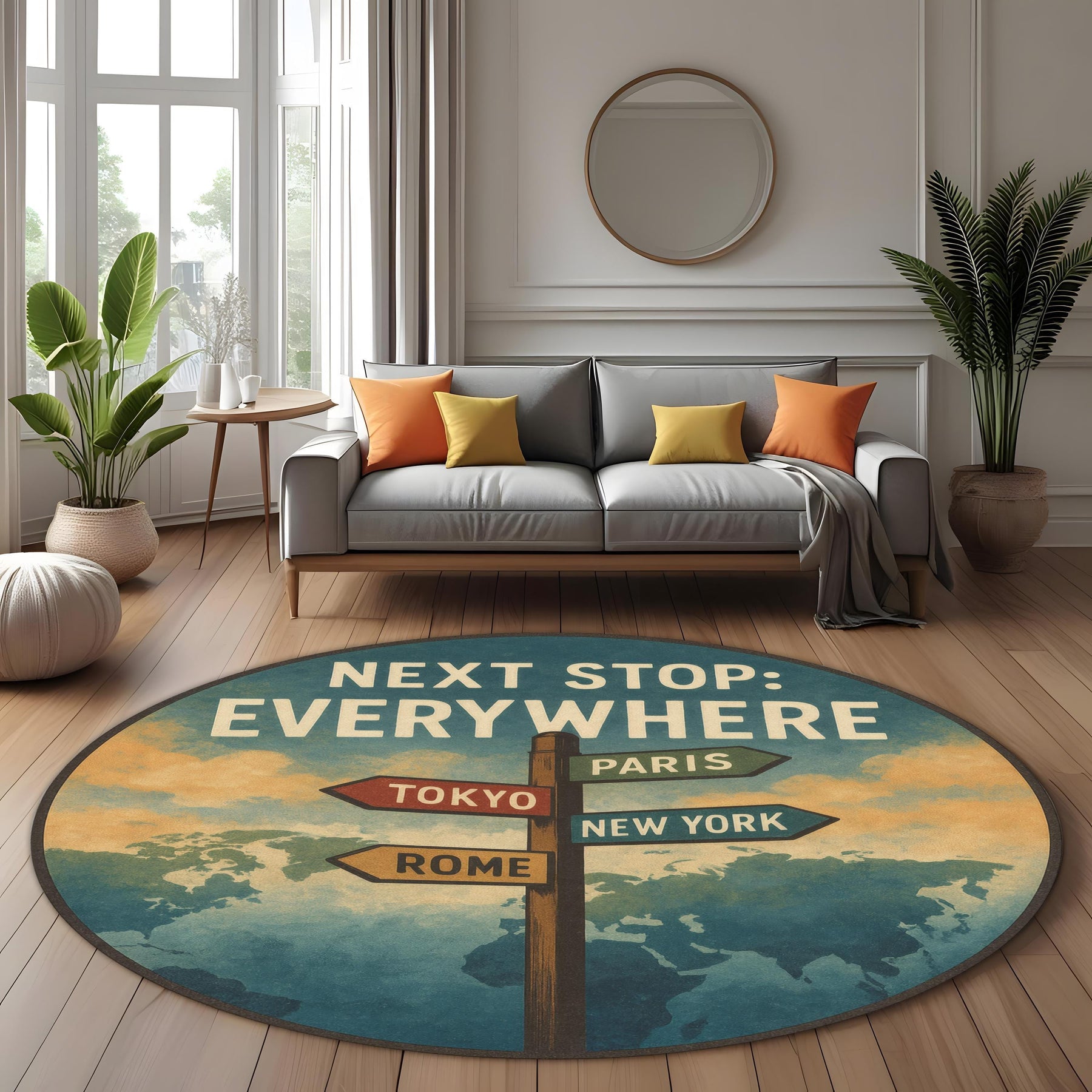 Round Travel Quote Rug, Signpost and World Map Carpet for Wanderlust and Adventure Lovers