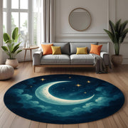 Celestial Moon Rug: Round Night Sky Carpet With Crescent Moon And Stars, Soothing Cosmic Decor For Bedroom Or Meditation Corners