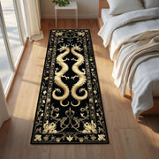 Golden Floral Dragon Runner Rug, Gothic Oriental Hallway Rug, Twin Dragon Rug, Feng Shui Dragon Carpet, Black and Gold Entryway Runner Decor