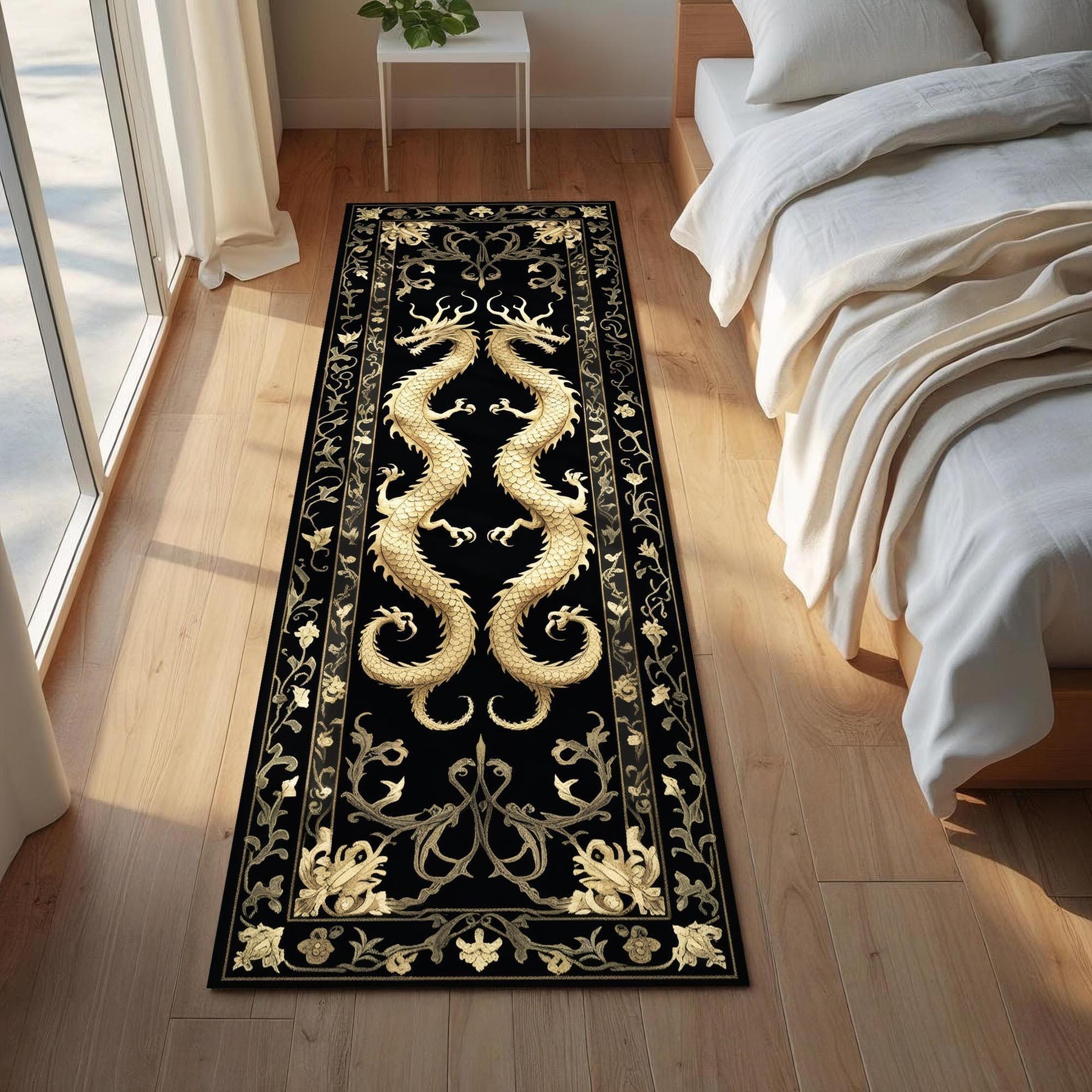 Golden Floral Dragon Runner Rug, Gothic Oriental Hallway Rug, Twin Dragon Rug, Feng Shui Dragon Carpet, Black and Gold Entryway Runner Decor
