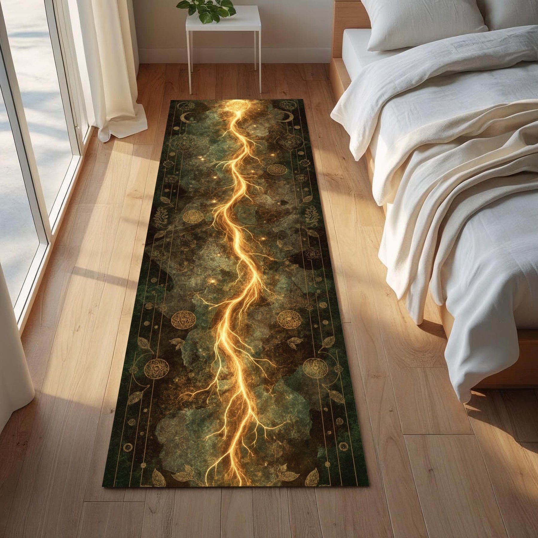 Arcane Lightning Runner Rug, Alchemy Tapestry Carpet for Witchy Hallways or Gothic Cosmic Decor