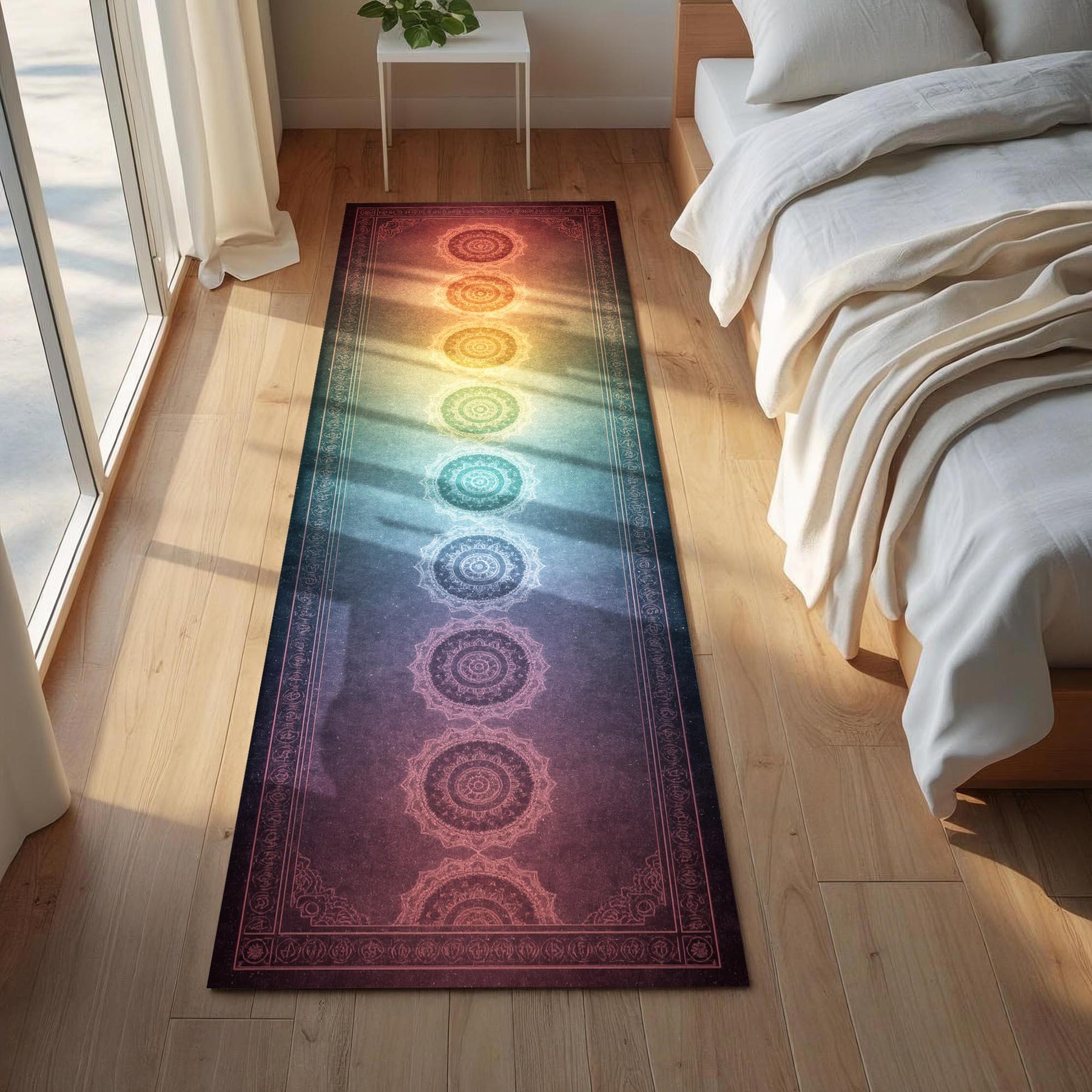 Spiritual Chakra Mandala Runner Rug, Rainbow Spiritual Hallway Rug, Meditation Energy Rug, Boho Yoga Decor Carpet, Spiritual Entryway Runner