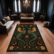 Dragon Garden Rug: Gothic Fantasy Carpet with Twin Green Dragons, Botanical Motifs and Moon Symbol for Dark Magical Living Rooms