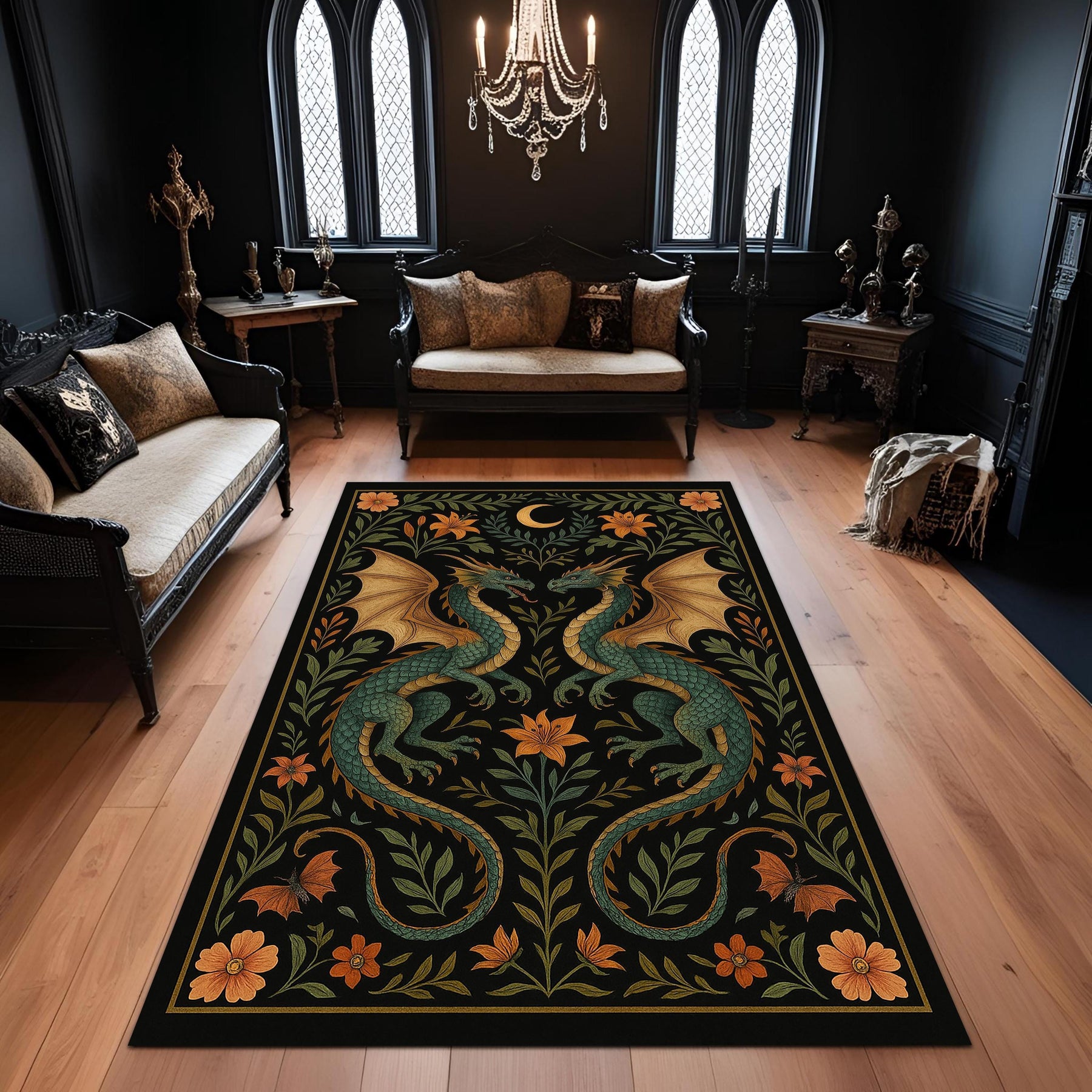 Dragon Garden Rug: Gothic Fantasy Carpet with Twin Green Dragons, Botanical Motifs and Moon Symbol for Dark Magical Living Rooms
