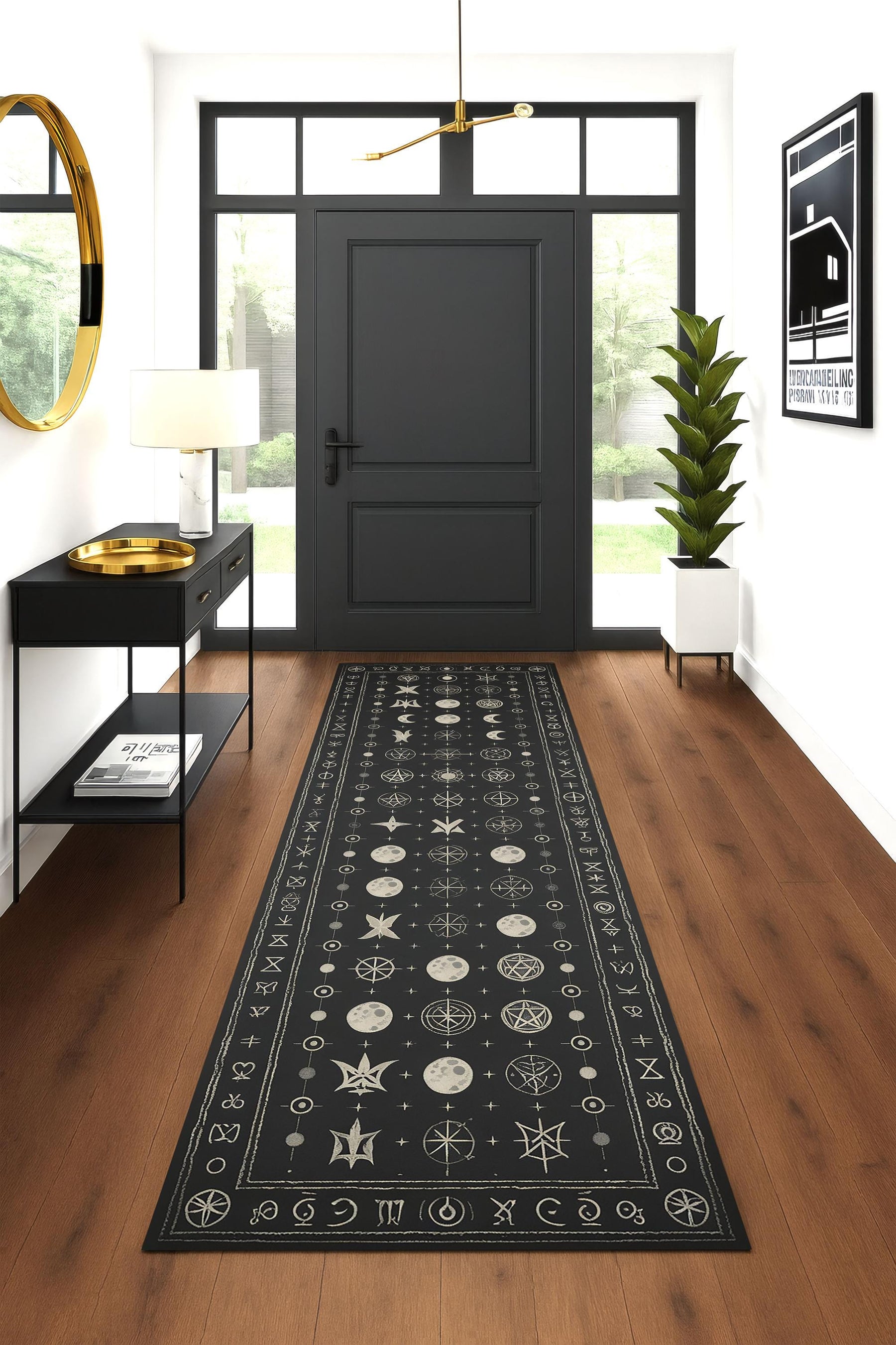 Celestial Witchy Runner Rug, Moon Phase Alchemy Rug, Gothic Zodiac Hallway Carpet, Astrological Magic Decor, Dark Mystical Spell Rug