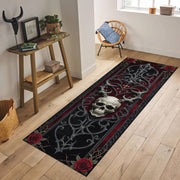 Gothic Skull Runner Rug, Baroque Ironwork and Red Roses Decor, Dark Academia Hallway Carpet