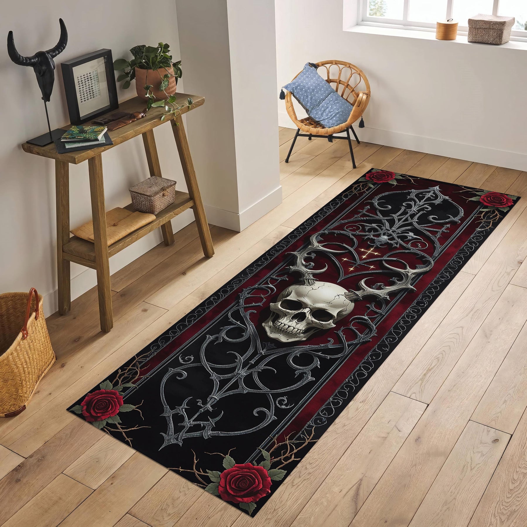 Gothic Skull Runner Rug, Baroque Ironwork and Red Roses Decor, Dark Academia Hallway Carpet