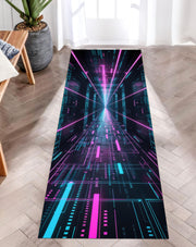 Cyberpunk Neon Runner Rug, Gamer Room Decor Rug, Tech Aesthetic Hallway Rug, Vaporwave Digital Tunnel Rug, Futuristic Glow Carpet