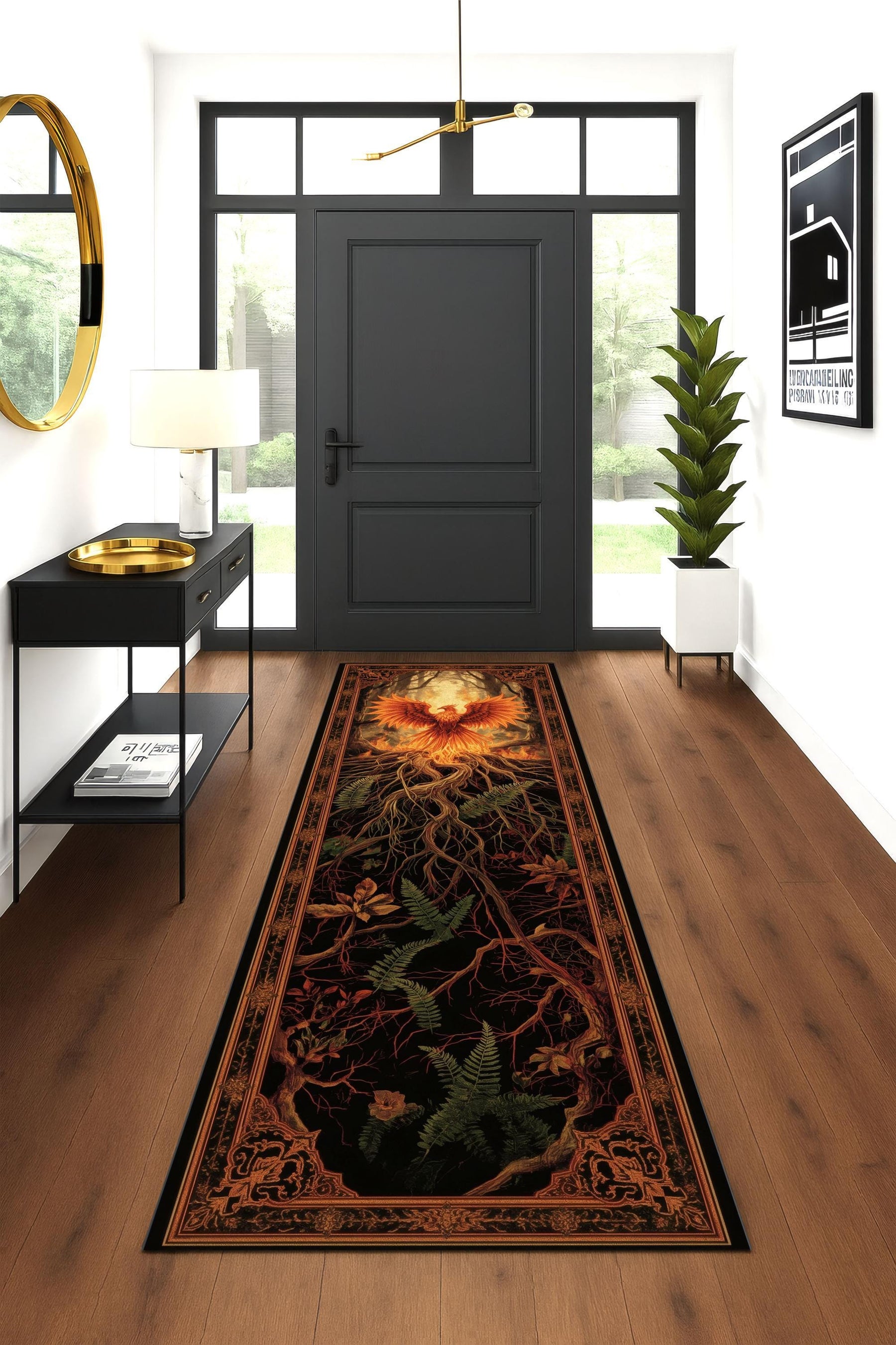 Phoenix Roots Runner Rug, Fire Spirit Tapestry Rug, Rebirth Forest Rug, Mythical Creature Rug, Fantasy Hallway Decor, Washable Gothic Rug