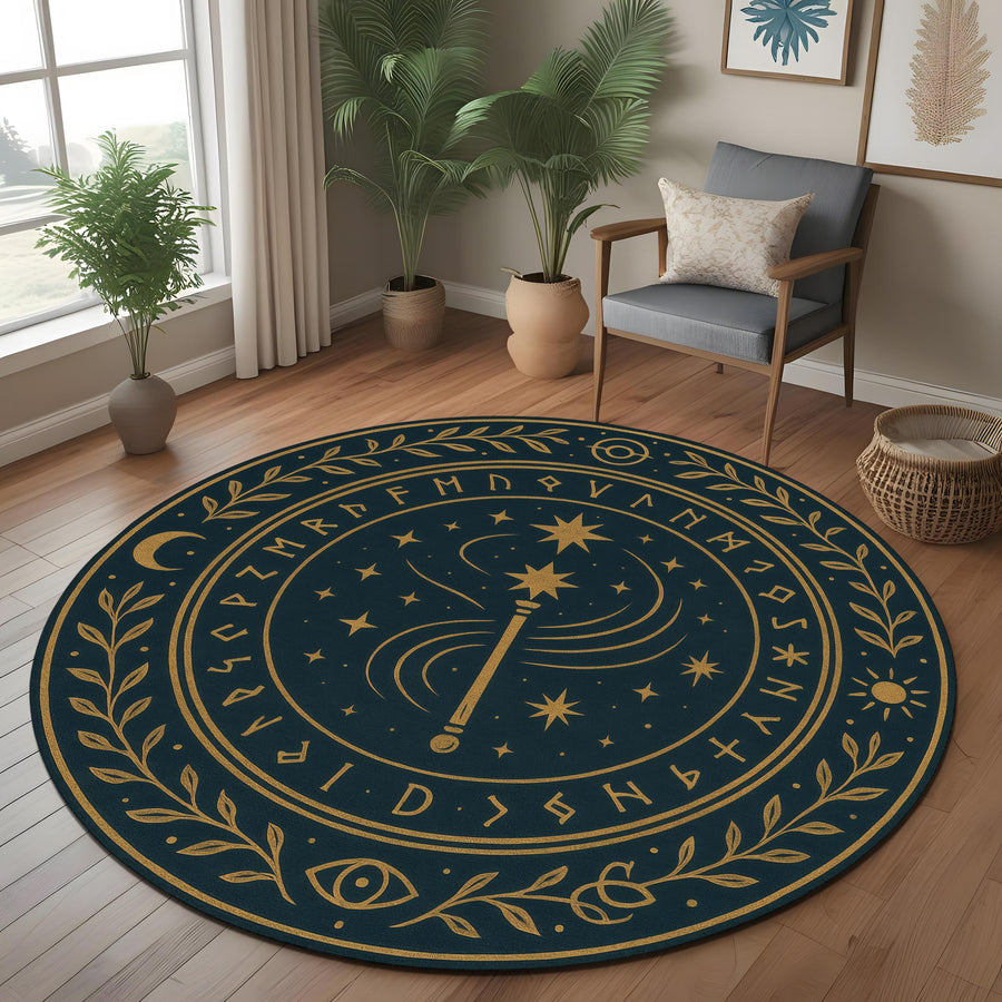 Magic Wand Round Rug: Mystical Rune Carpet with Stars, Moons and Enchanted Symbols for Gothic or Witchy Home Decor