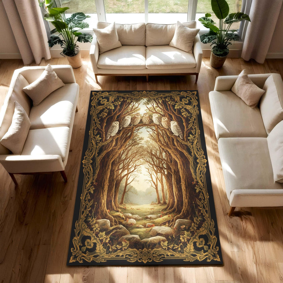 Gothic Woodland Carpet Dark Fairytale Forest Decor with Vintage Frame for Cottagecore or Victorian Interiors, The Hollow Owls Rug