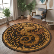 Golden Dragon Round Rug: Medieval Fantasy Carpet with Ancient Script and Mythical Beast for Living Room or Gothic Themed Decor