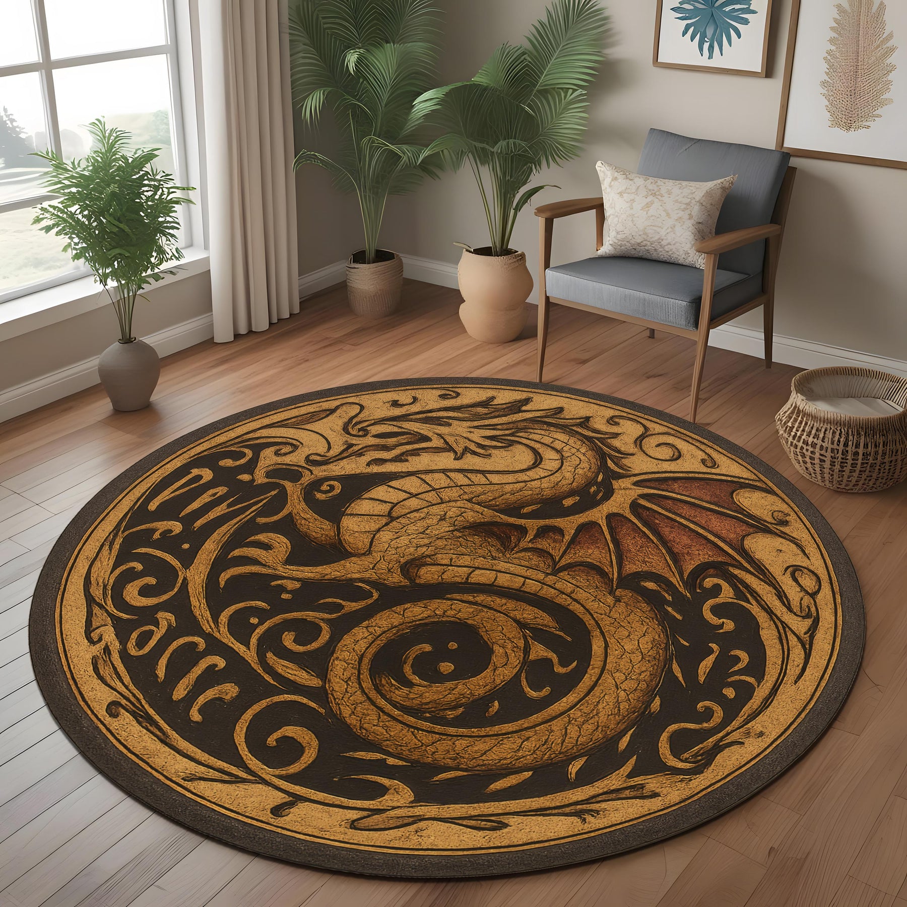 Golden Dragon Round Rug: Medieval Fantasy Carpet with Ancient Script and Mythical Beast for Living Room or Gothic Themed Decor