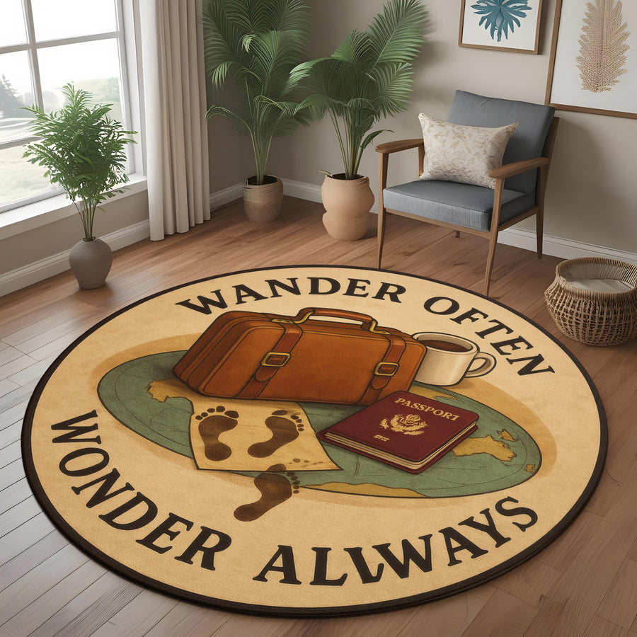 Adventure Rug: Wander Often Wonder Always Round Carpet With Passport, Suitcase And Footprints, Travel Inspired Decor For Curious Souls